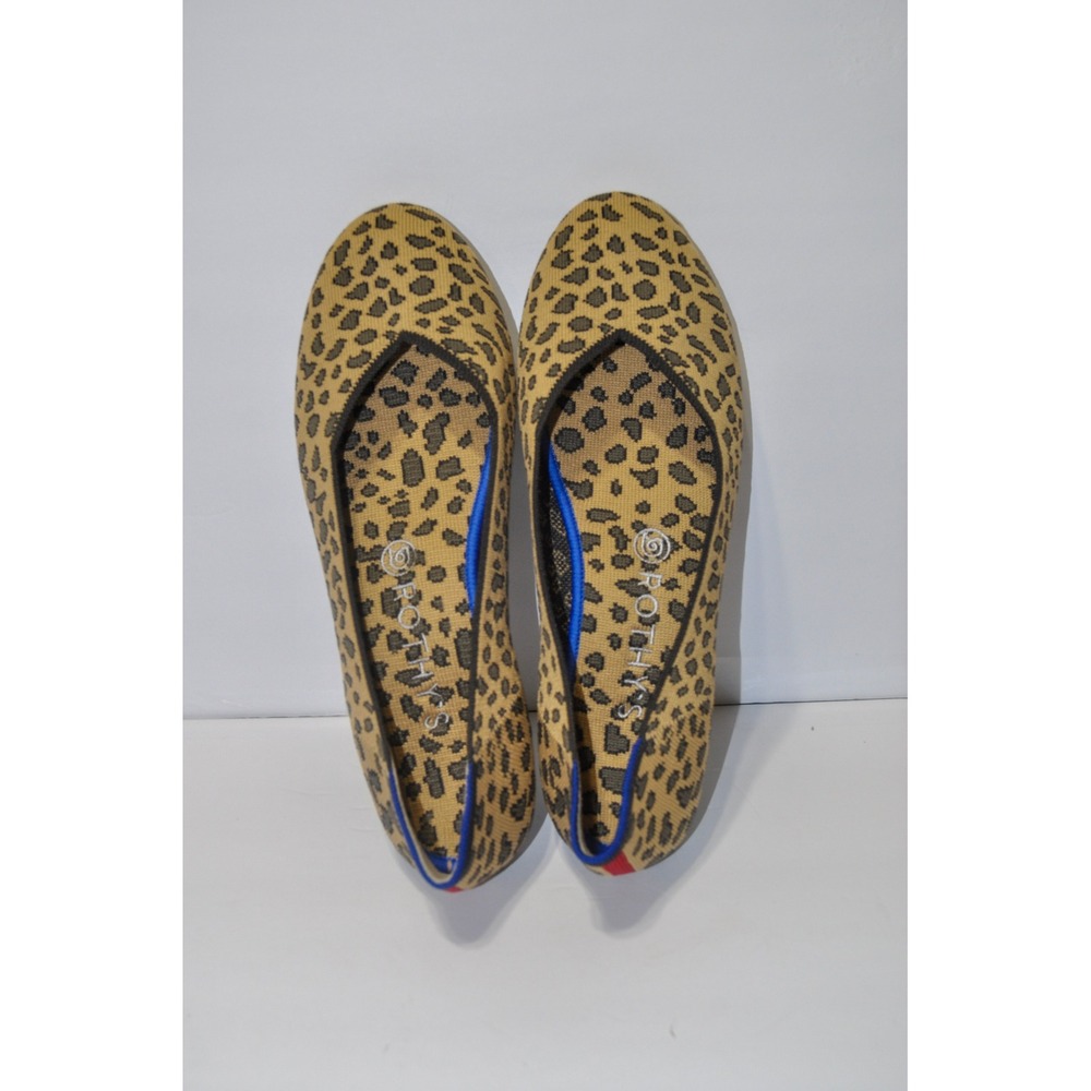Rothys The Flat Big Cat Leopard Print Knit Ballet Flats Tan Black Size 8.5